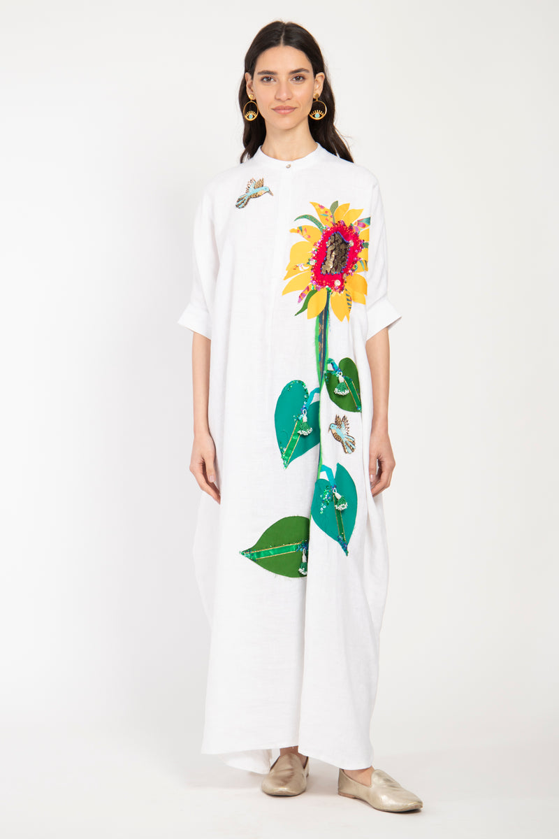 One-Of-A-Kind Helen Linen Sunflower & Bird Dress
