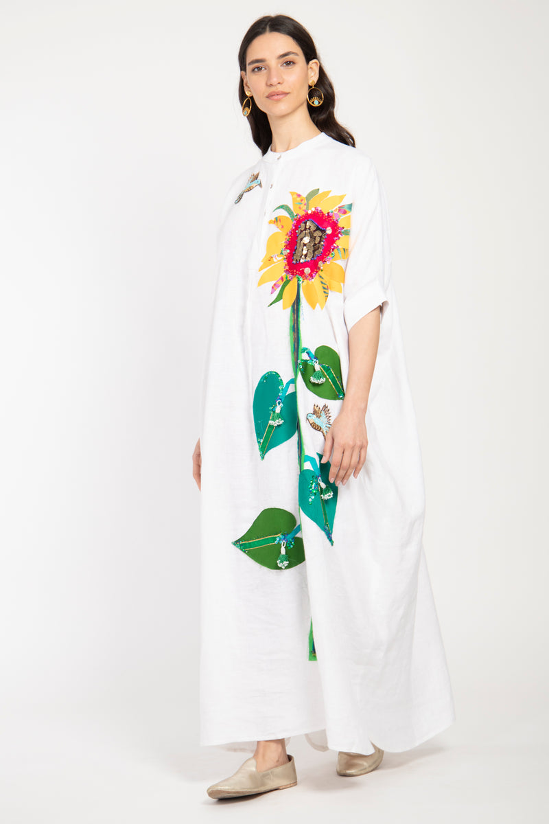 One-Of-A-Kind Helen Linen Sunflower & Bird Dress