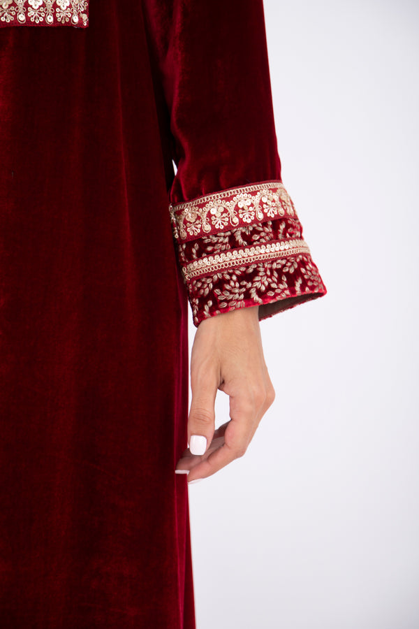 Hanem Velvet Red Embroidered Dress