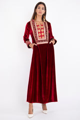 Hanem Velvet Red Embroidered Dress