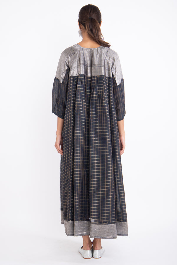 Rania Handwoven Silk Charcoal & Silver Dress