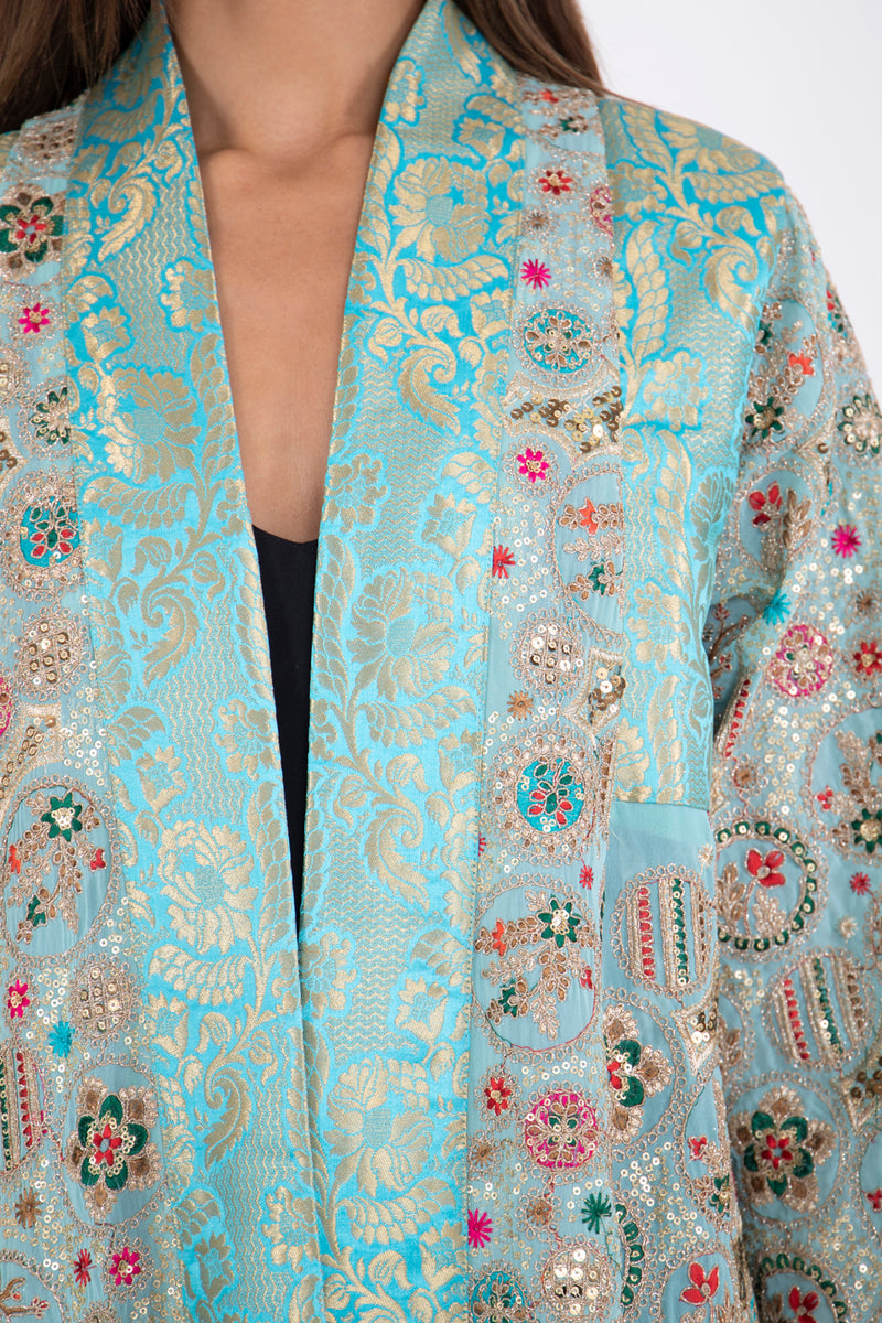 Rim Georgette Sky Blue Embroidered Abaya