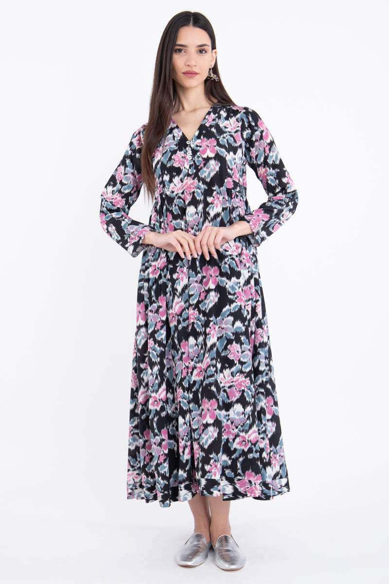 Zamzam Silk Printed Black & Pink Dress