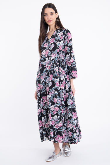 Zamzam Silk Printed Black & Pink Dress
