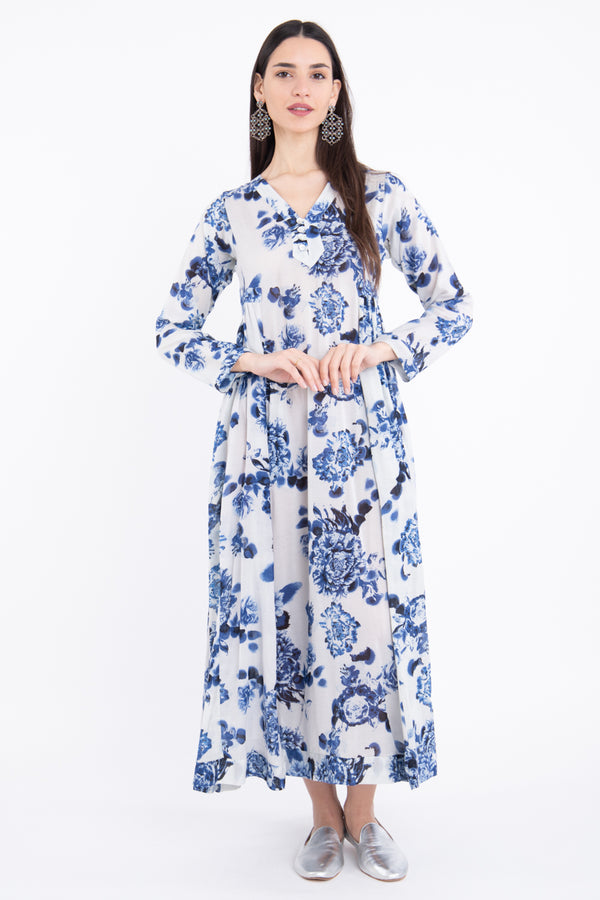 Zamzam Cotton Printed White With Blue Dress