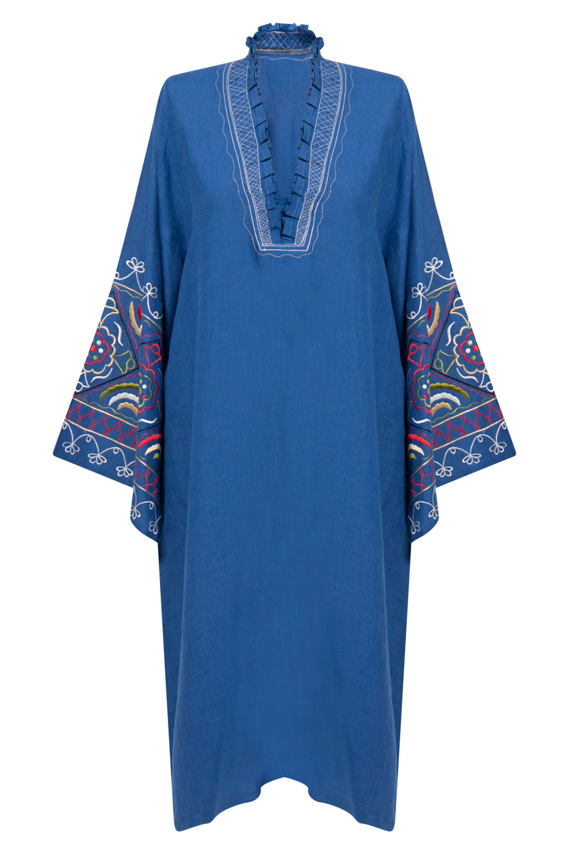 Mayss Al Rim Linen Royal Blue Embroidered Kaftan