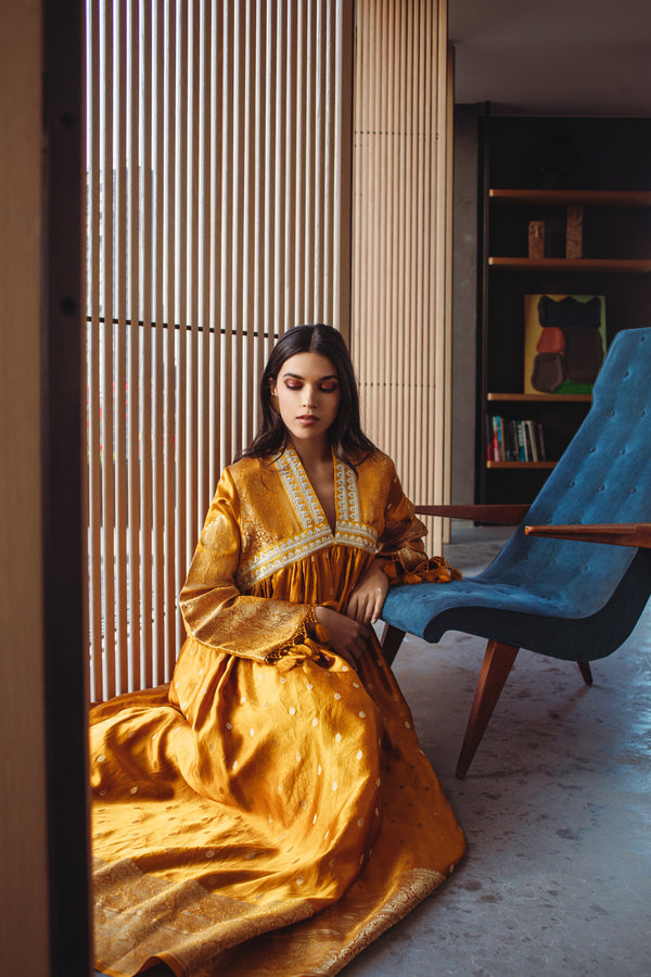 Aliaa Silk Yellow Pompom Dress