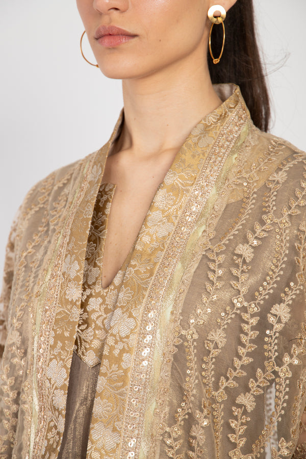 Khouloud Tulle Embroidered Gold Two-Piece Set