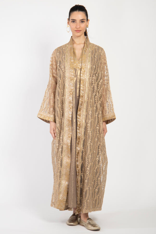 Khouloud Tulle Embroidered Gold Two-Piece Set