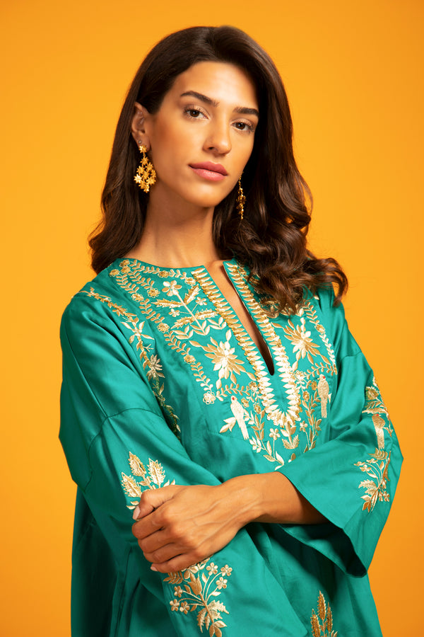 Nayyara Cotton Embroidered Green & Gold Dress