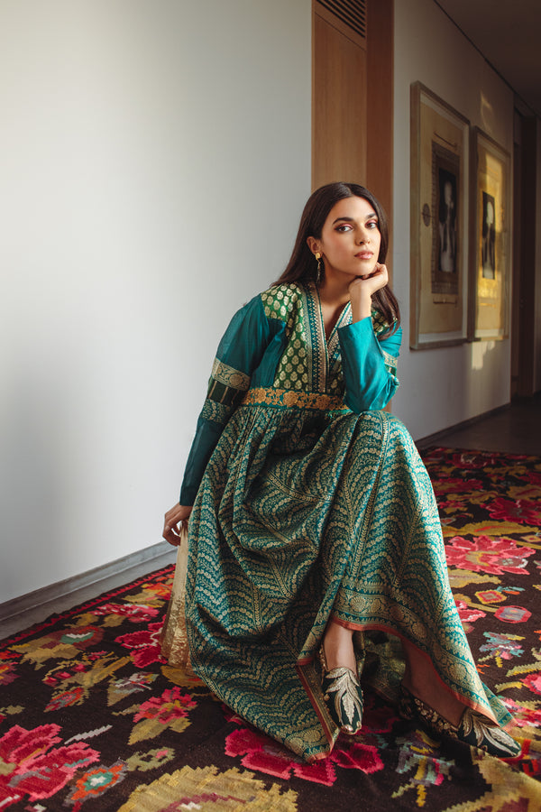 Narimane Silk Green And Gold Dress