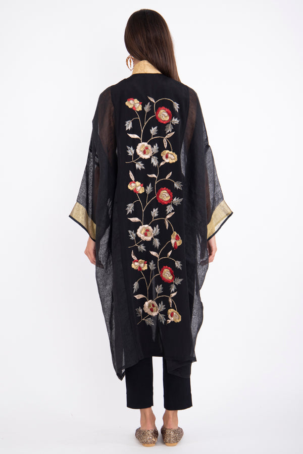 Khalida Silk Black Gold Embroidered Abaya
