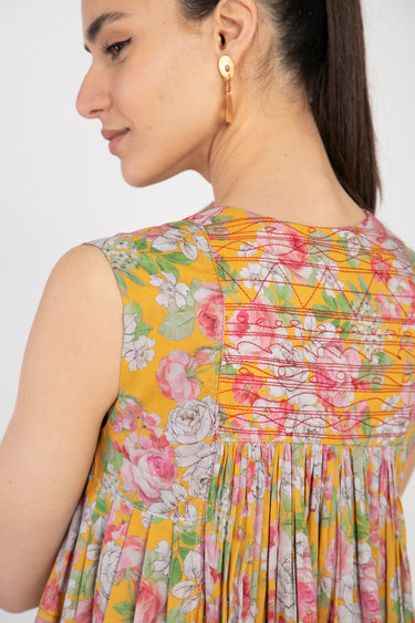 Farida Cotton Yellow Floral Dress - Sleeveless