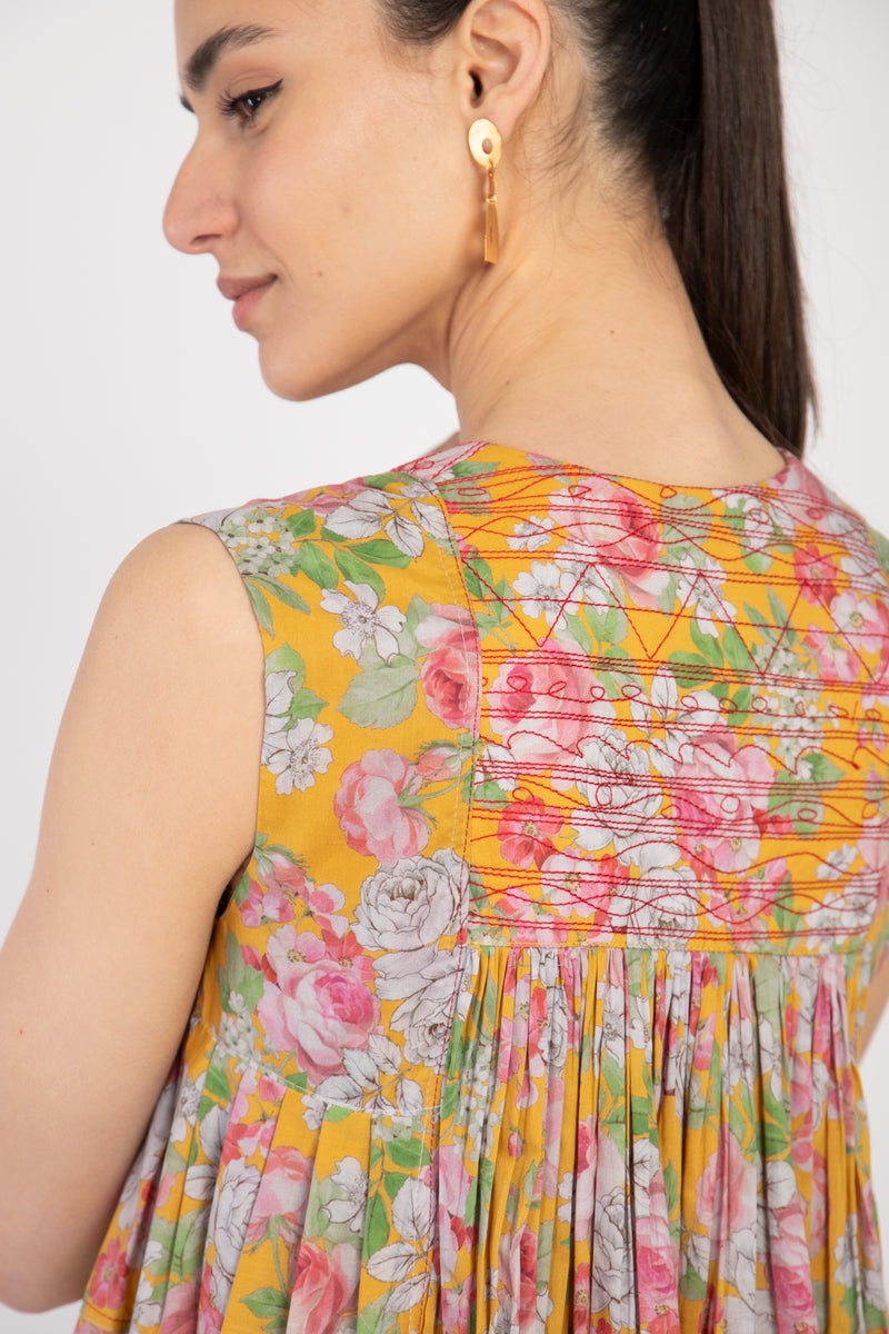 Farida Cotton Yellow Floral Dress - Sleeveless