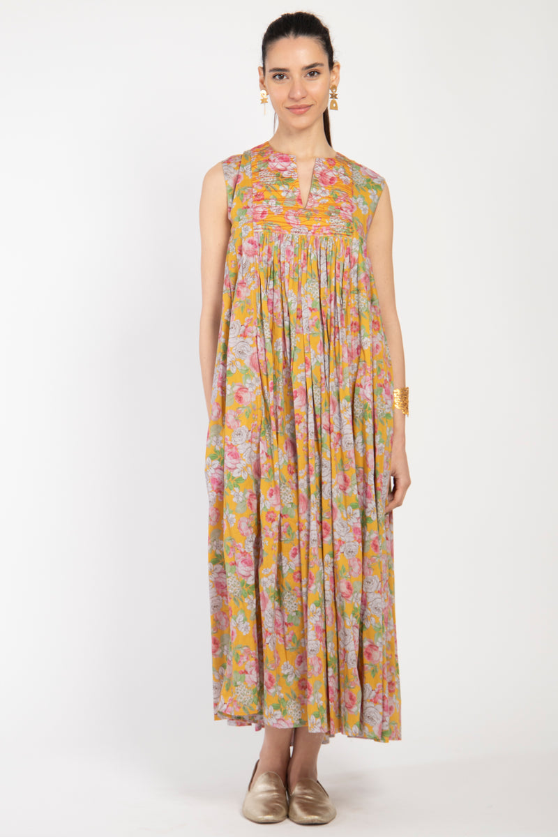 Farida Cotton Yellow Floral Dress - Sleeveless
