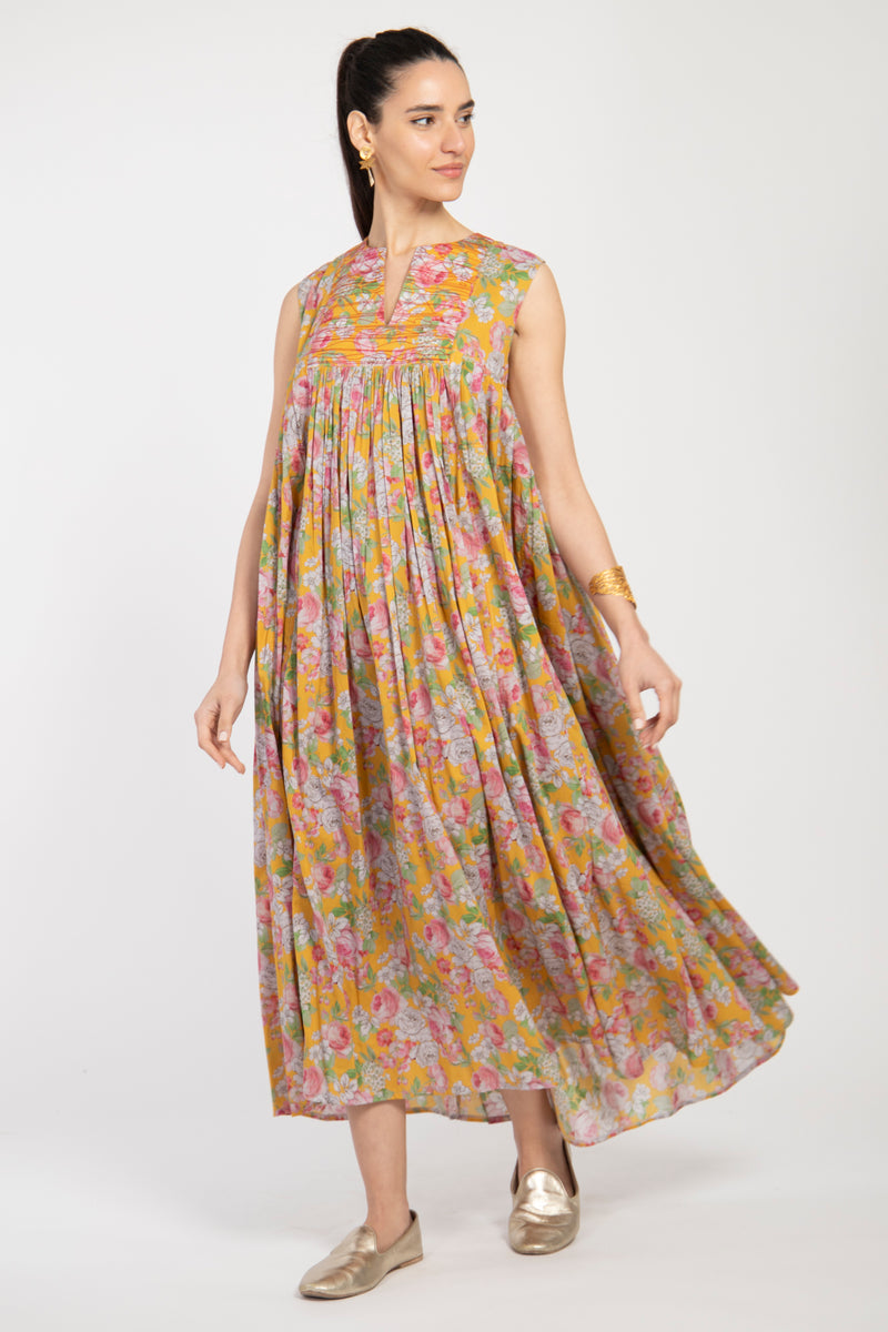 Farida Cotton Yellow Floral Dress - Sleeveless