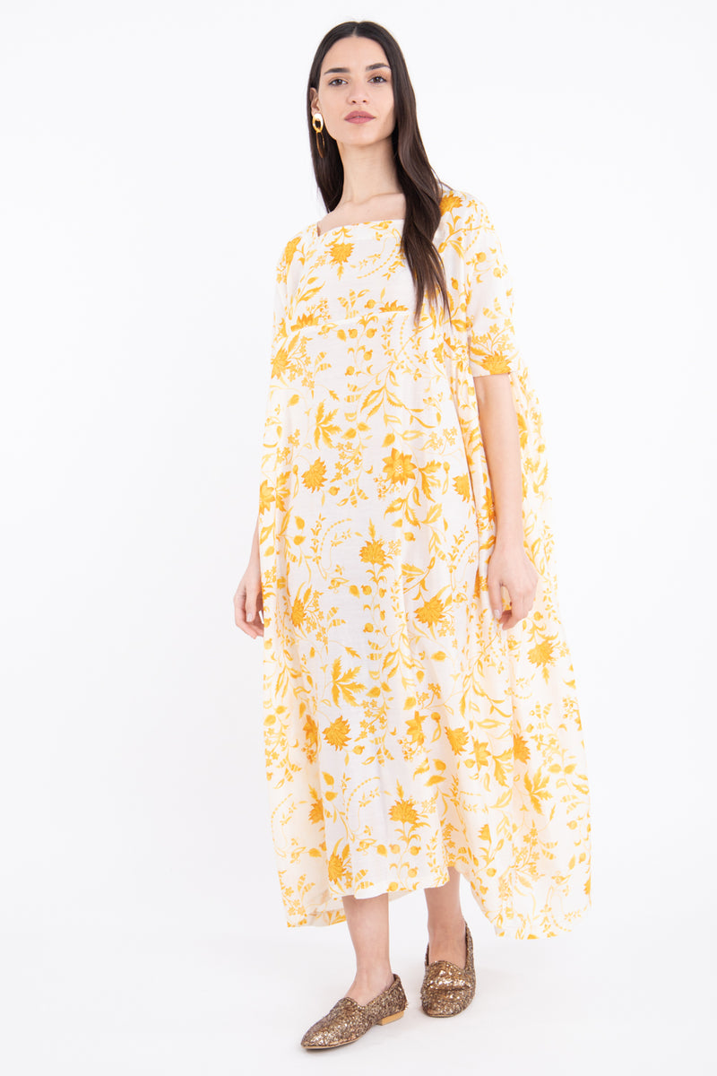 Jomaa Cotton Yellow Printed Flowers Dress