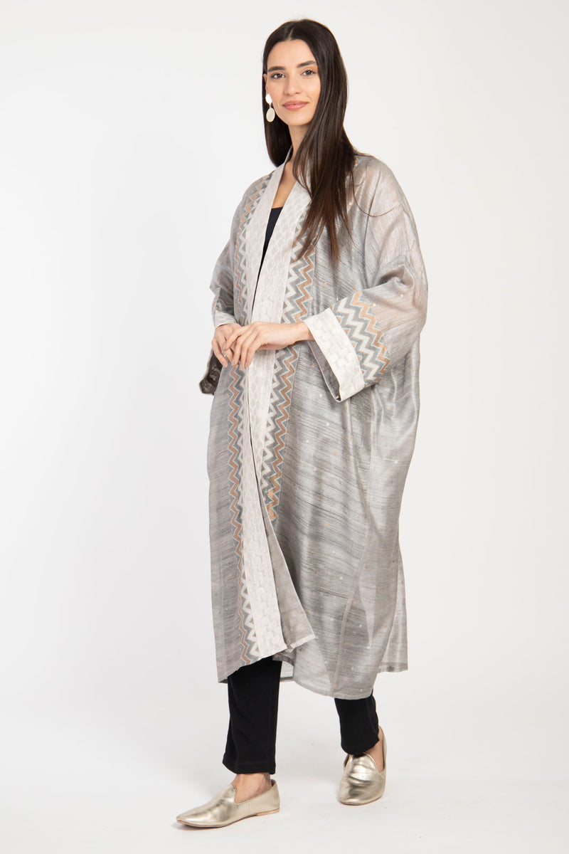 Khalida Handwoven Silk Silver Abaya