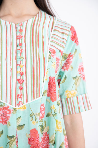 Saria Cotton Green Printed Flowers Dress