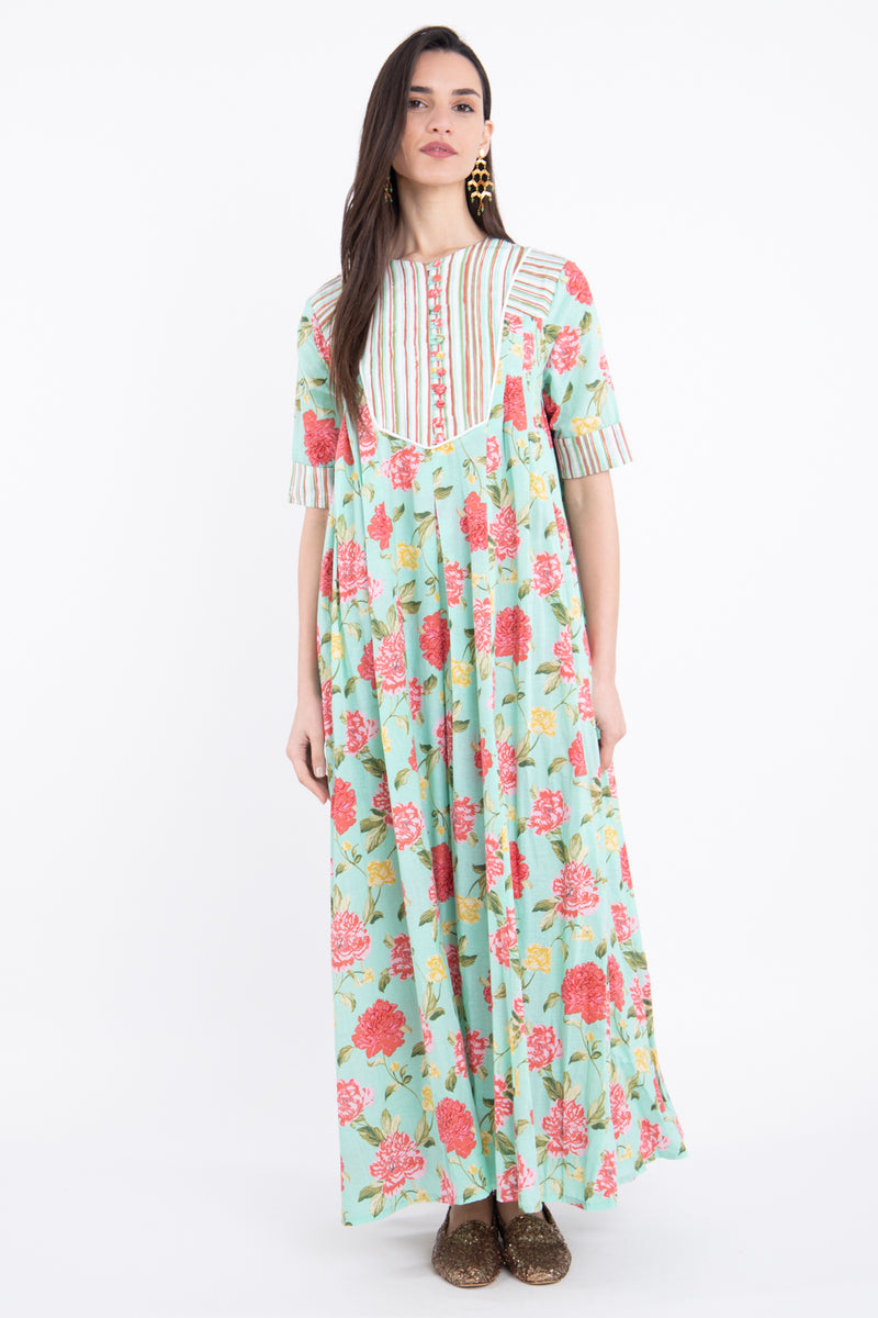 Saria Cotton Green Printed Flowers Dress