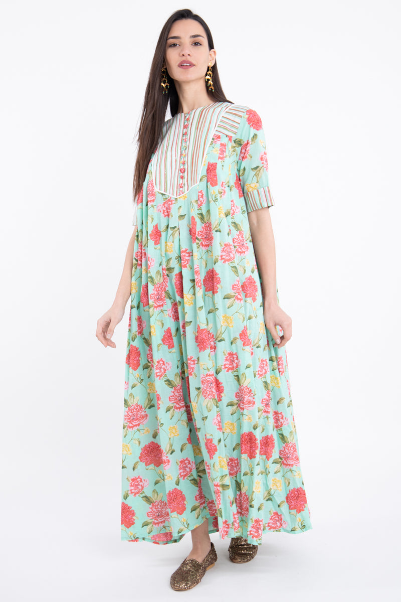 Saria Cotton Green Printed Flowers Dress