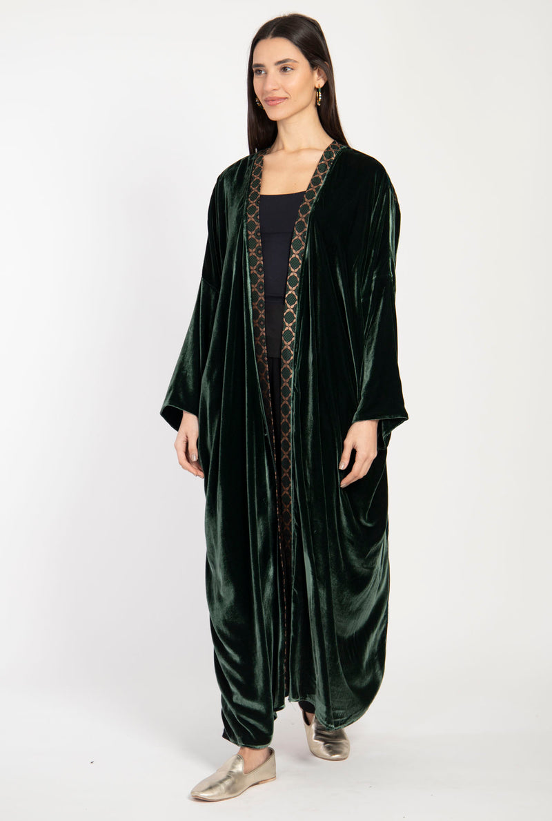 Kim Silk Velvet Green & Gold Abaya