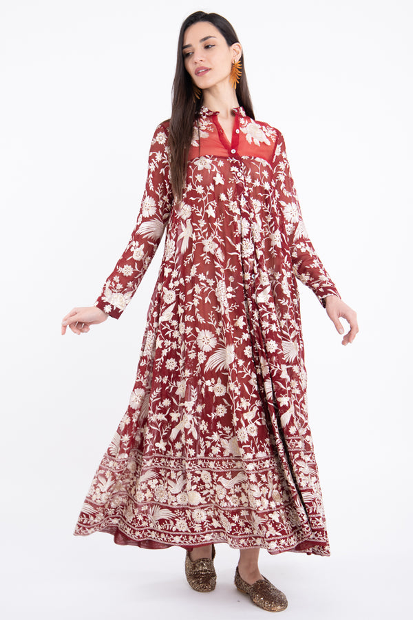 Maria Georgette Red With Beige Flowers Dress