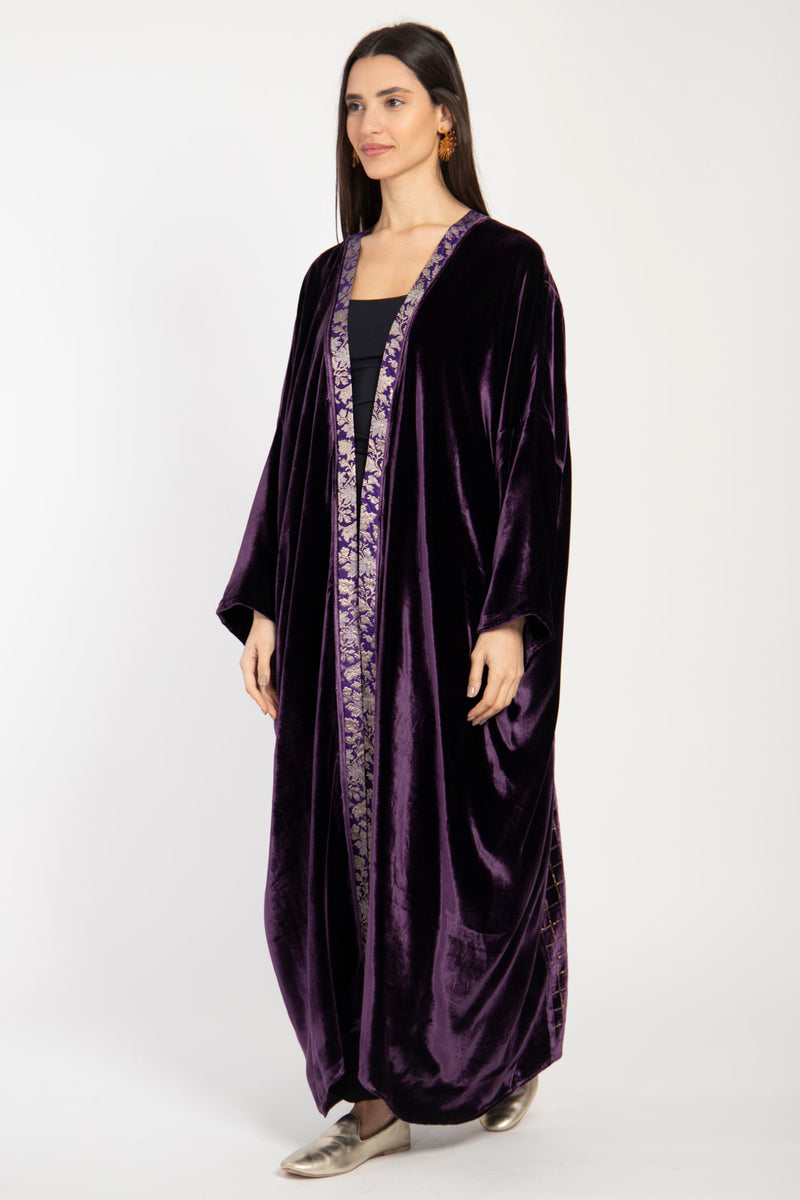 Kim Silk Velvet Purple & Gold Abaya