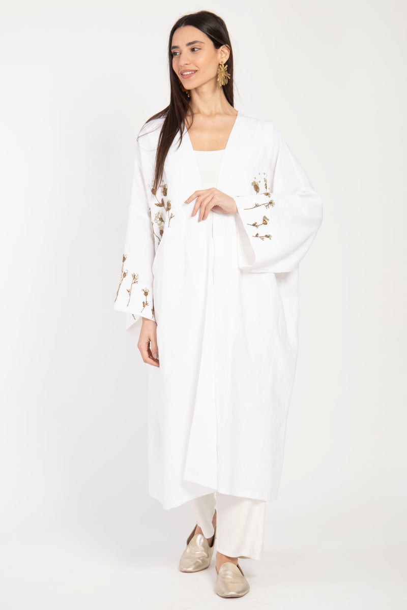 Cartage Linen Hand Embroidered White Abaya