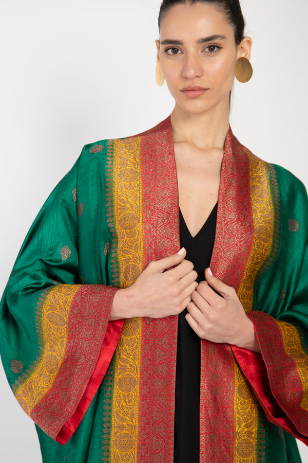 Yasma Silk Green, Yellow & Pink Abaya