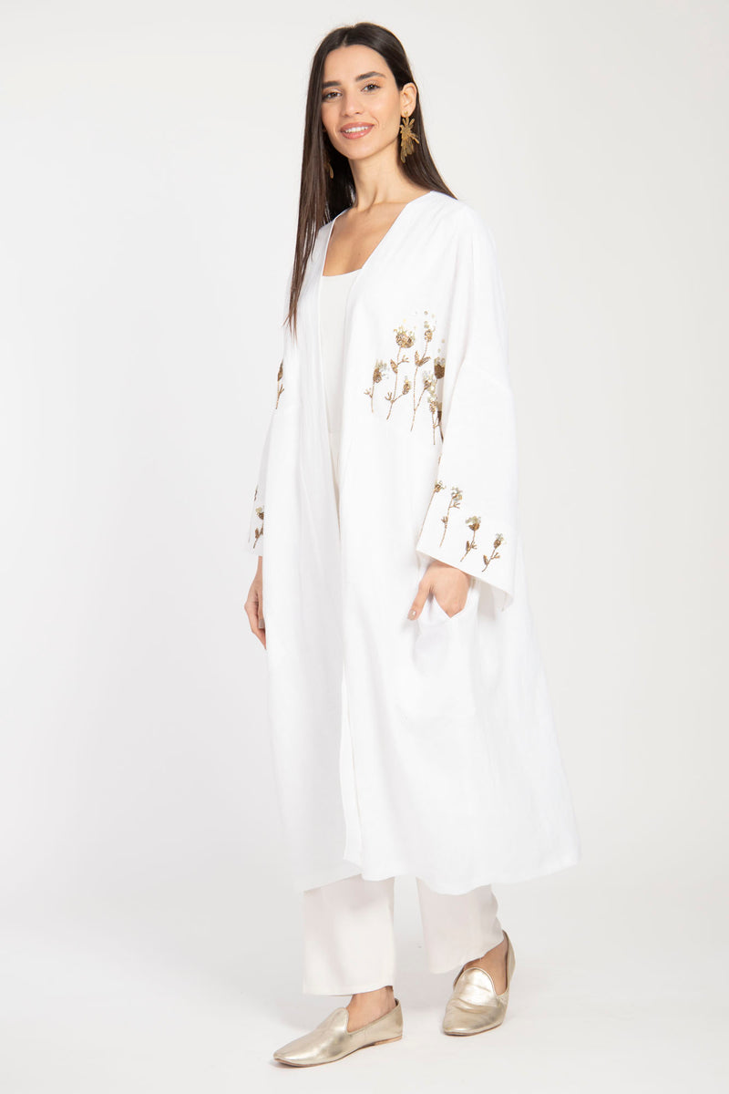 Cartage Linen Hand Embroidered White Abaya