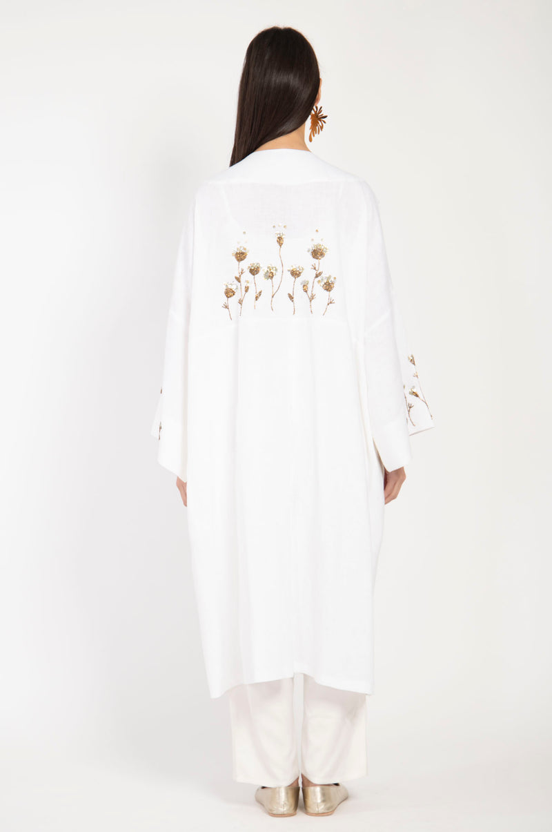 Cartage Linen Hand Embroidered White Abaya