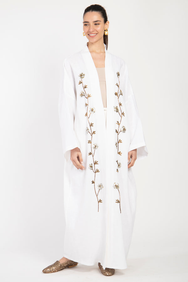 Nour Linen White Flowers Embroidered Abaya