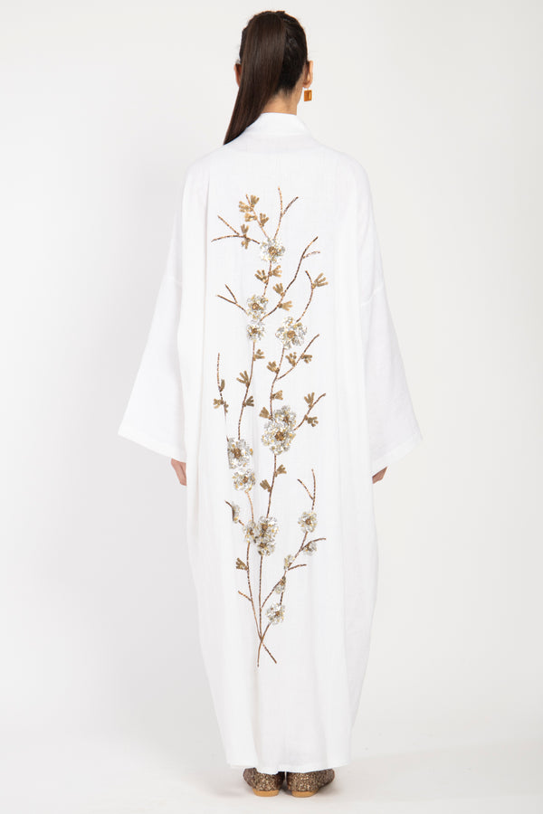 Nour Linen White Flowers Embroidered Abaya