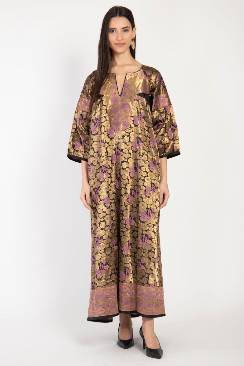 One-Of-A-Kind Rania Silk Gold & Mauve Dress