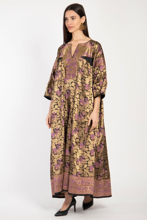 One-Of-A-Kind Rania Silk Gold & Mauve Dress