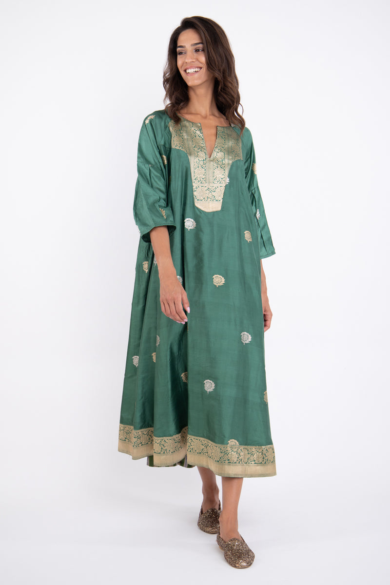 Rania Handwoven Silk Green & Gold Dress