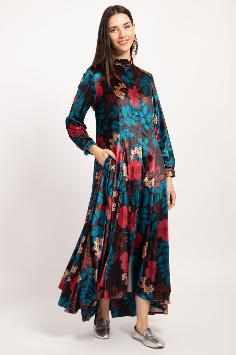 Dress Angie Velvet Navy Printed Flowers Dress