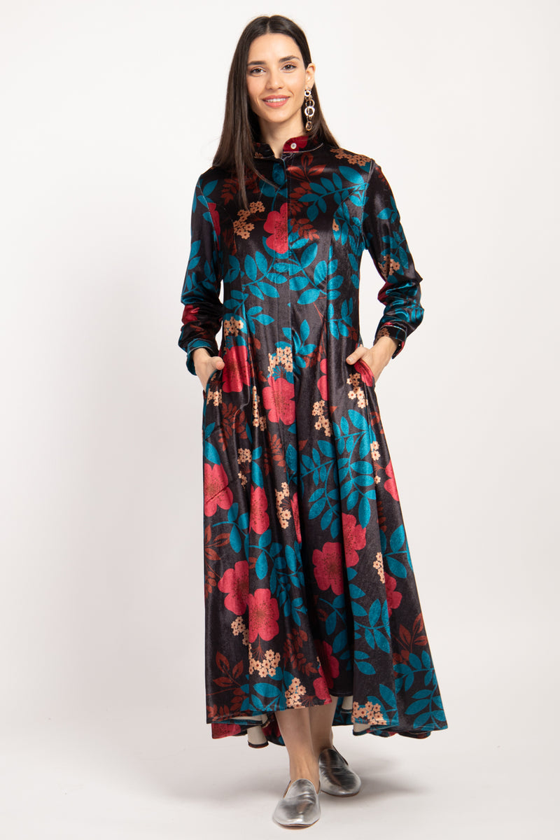 Dress Angie Velvet Navy Printed Flowers Dress