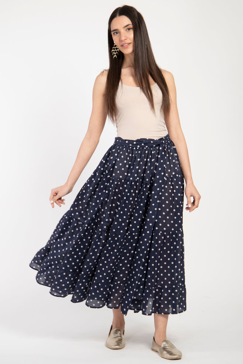 Navy Polka Dot Tiered Skirt