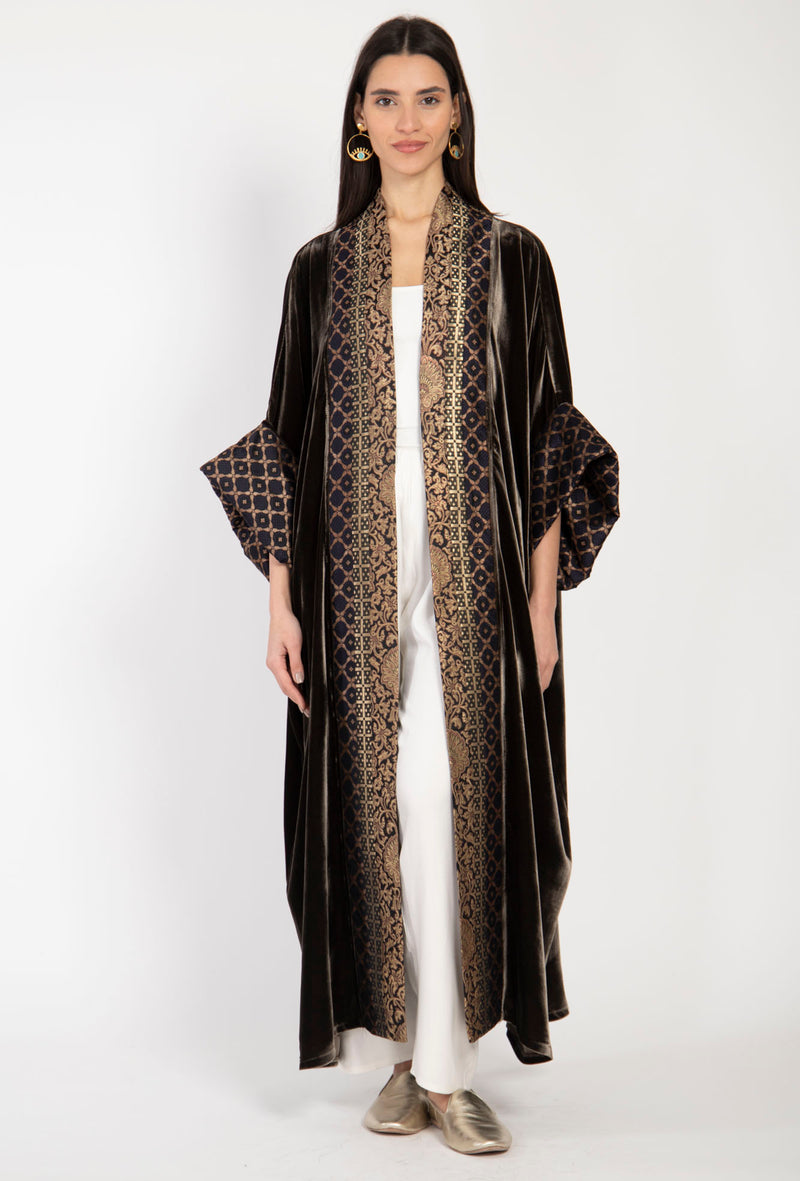 Yasma Silk Velvet Brown & Gold Abaya