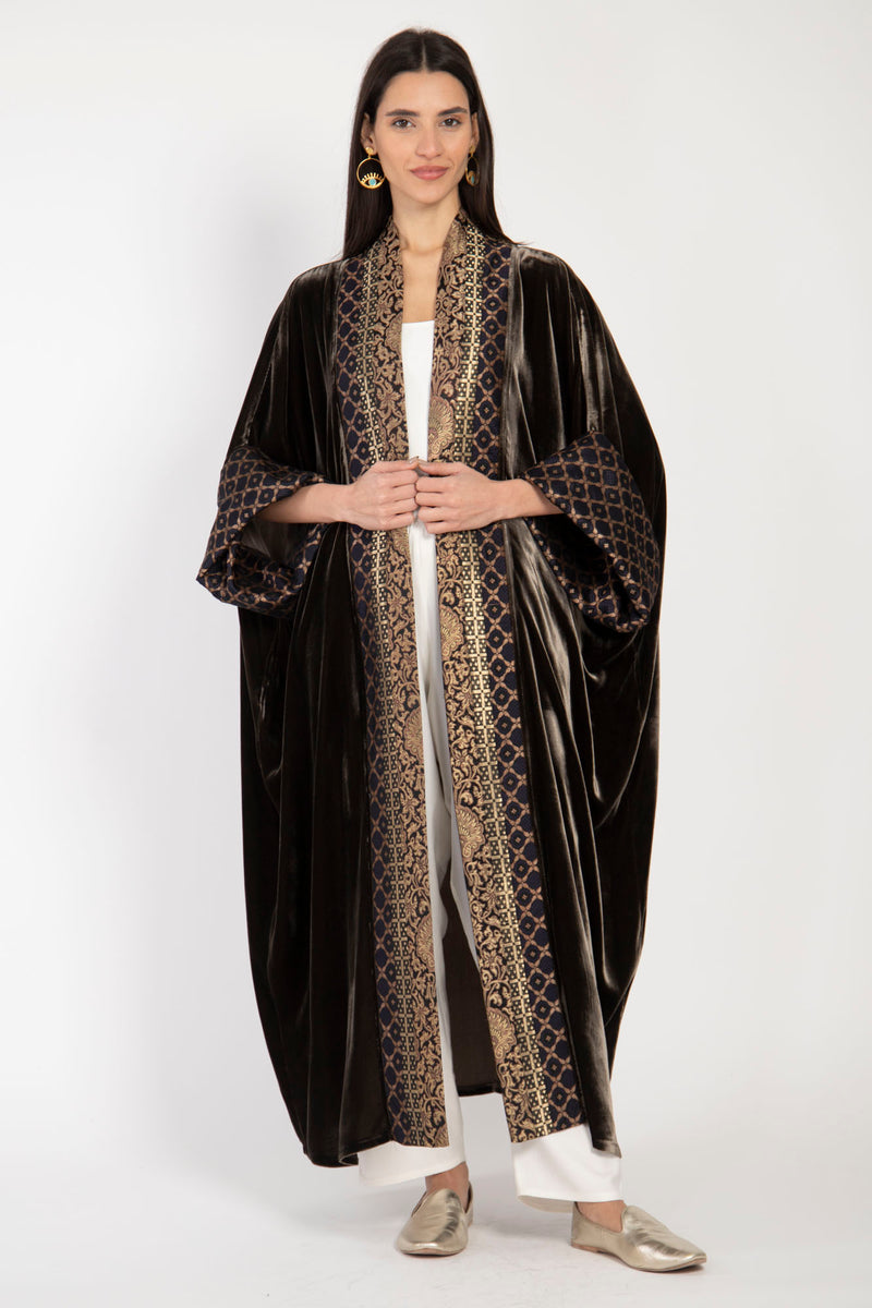 Yasma Silk Velvet Brown & Gold Abaya