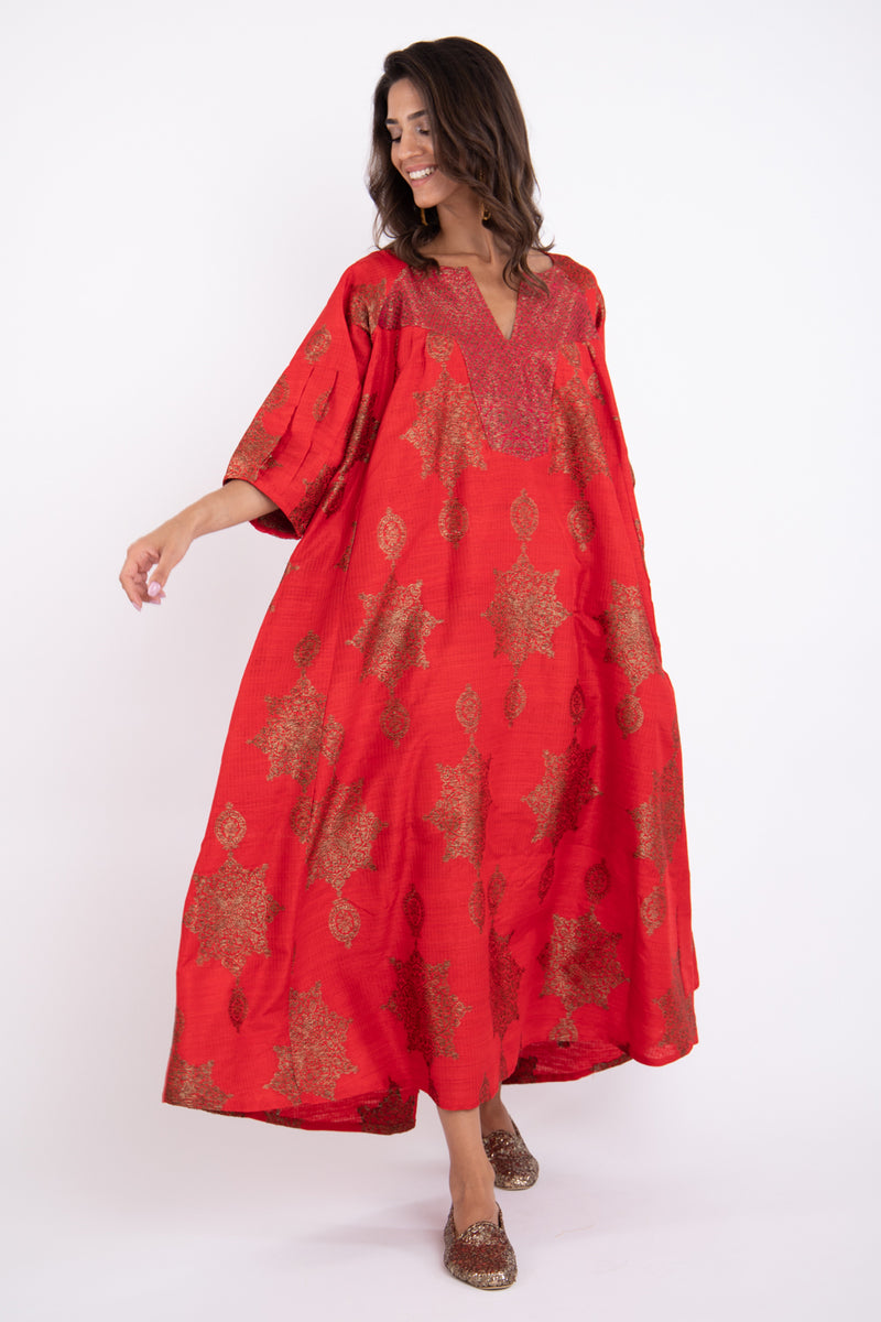 Rania Handwoven Silk Red & Gold Dress