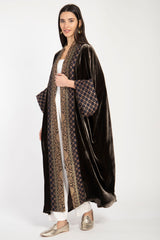 Yasma Silk Velvet Brown & Gold Abaya