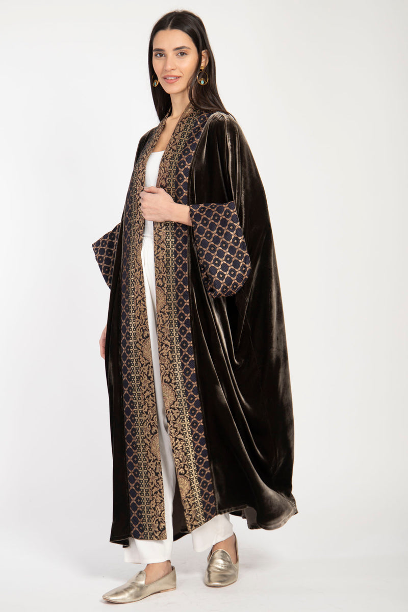 Yasma Silk Velvet Brown & Gold Abaya