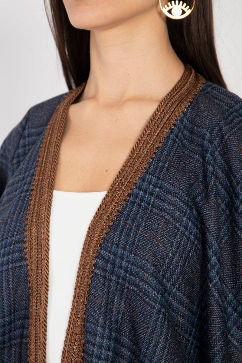 Wool Plaid Navy & Brown Poncho