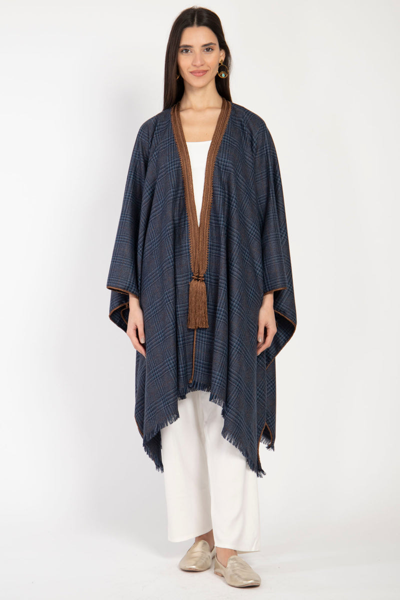 Wool Plaid Navy & Brown Poncho