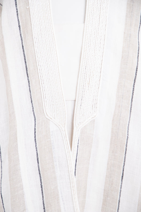Short Linen Striped Beige With White Embroidery Abaya