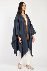 Wool Plaid Navy & Brown Poncho