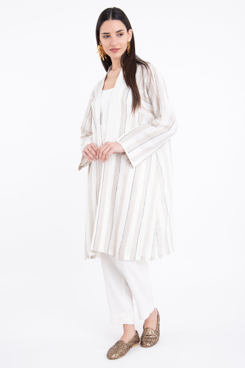 Short Linen Striped Beige With White Embroidery Abaya